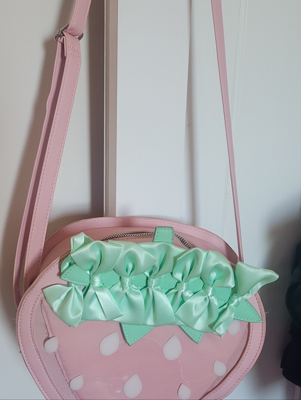 Hot Topic Pink Strawberry Crossbody Bag with Mint Ruffle